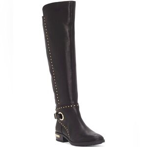 NEW Vince Camuto Poppidal Black Leather Knee High Riding Block Heel Boots sz 5.5
